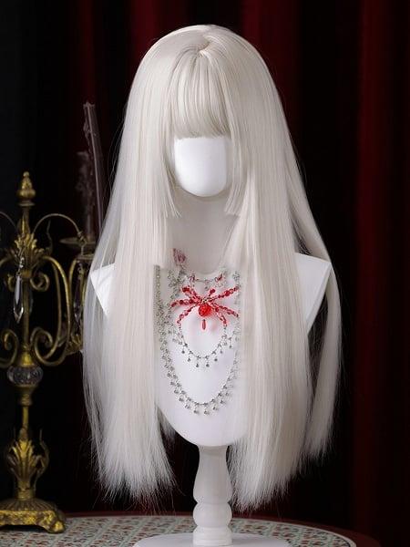 [$39.32]White Hime Cut Long Straight Synthetic Wig with Double Ponytail Claw Clips