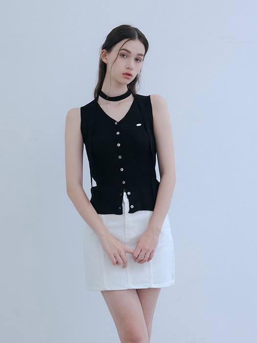 [SET]_V neck ribbed sleeveless+strap-black