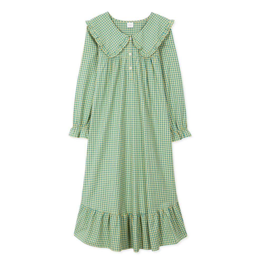 이브니에 여성잠옷 페퍼민트 그린 체크 긴팔 원피스 파자마 순면 홈웨어 홈드레스