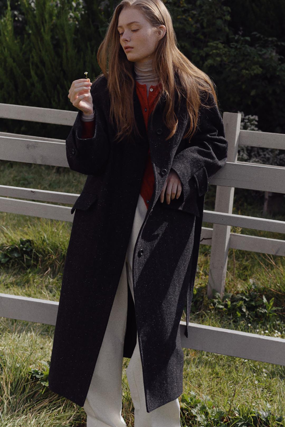 wool nep belted long coat (charcoal)