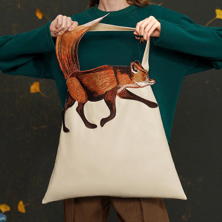 red fox embroidery tote bag
