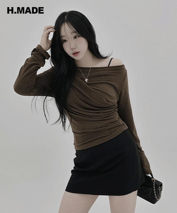 MADE #13834 허리잘록 소프트 보트넥 원숄더 드레이프 셔링 긴팔 티셔츠 : 5color