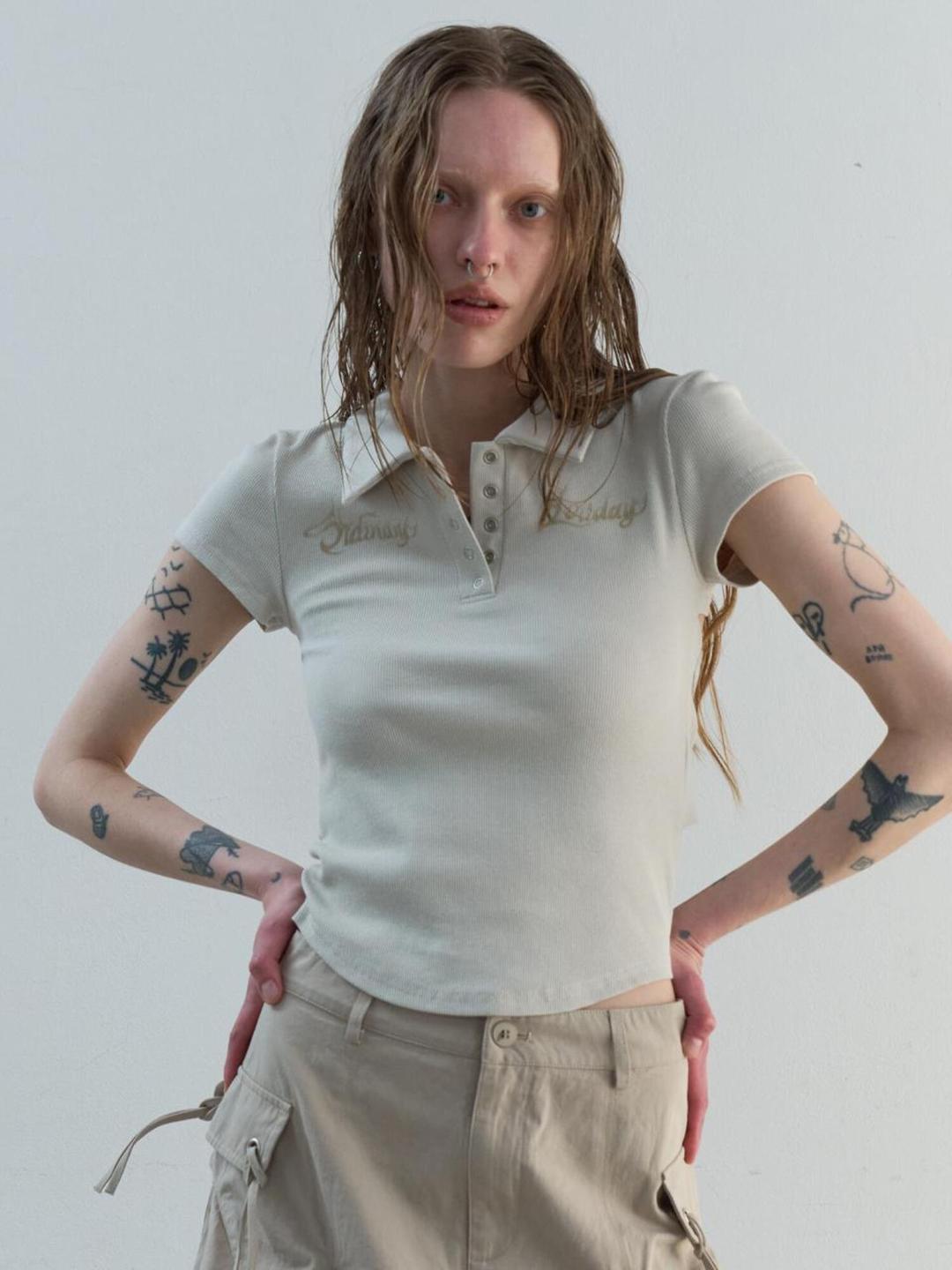 BACK OPEN COLLAR T-SHIRT [LIGHT GRAY]