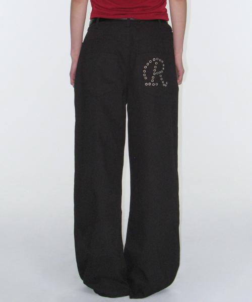 Eyelet R Pocket Curved Pants - Black