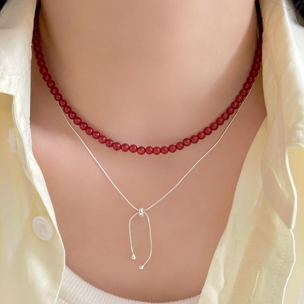 925실버 슬라이드 볼 길이조절 리본 매듭 뱀줄 초커 드롭 목걸이