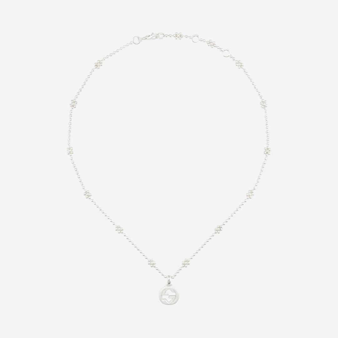 Gucci Interlocking G Pendant Flower Motif Chain Necklace Silver