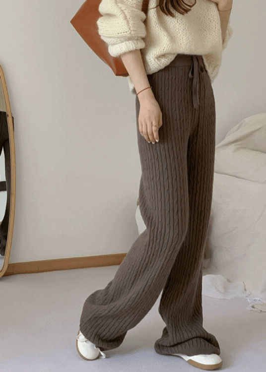 바울 꽈배기 패턴 케이블 와이드 일자 허리밴딩 데일리 여자 루즈핏 니트 팬츠 바지