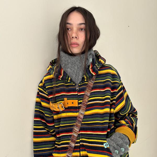 STRIPE FLEECE STRAP HOODED JACKET / navy