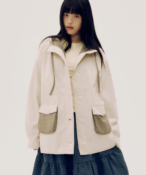 체크 배색 빅포켓 밑단 스트링 하이넥 후드 코튼자켓_2COLOR