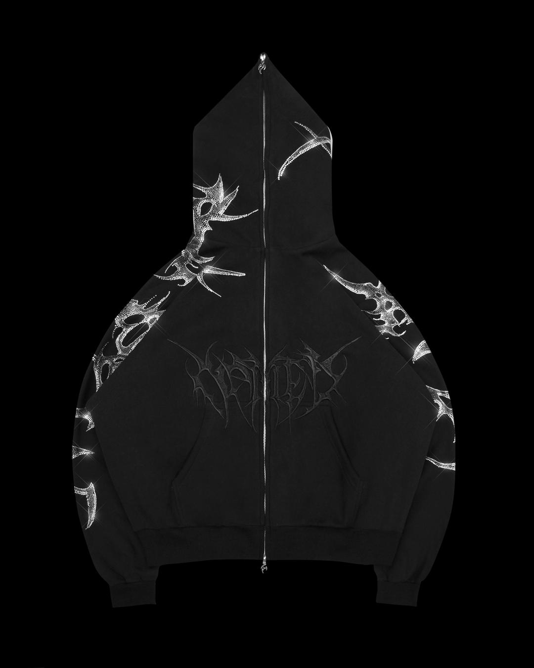CRASH RHINESTONE ZIP HOODIE BLACK - XS