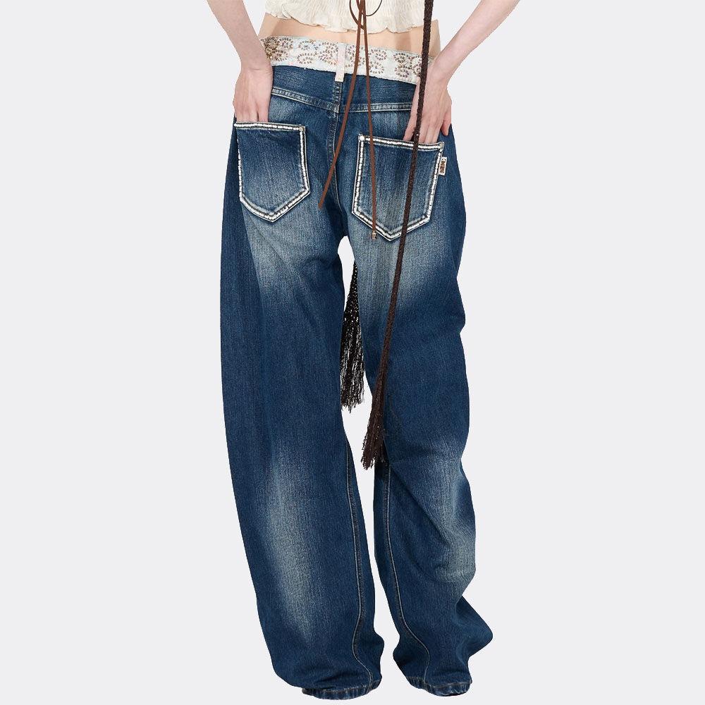 Beaded Waist Denim Pants Indigo Blue