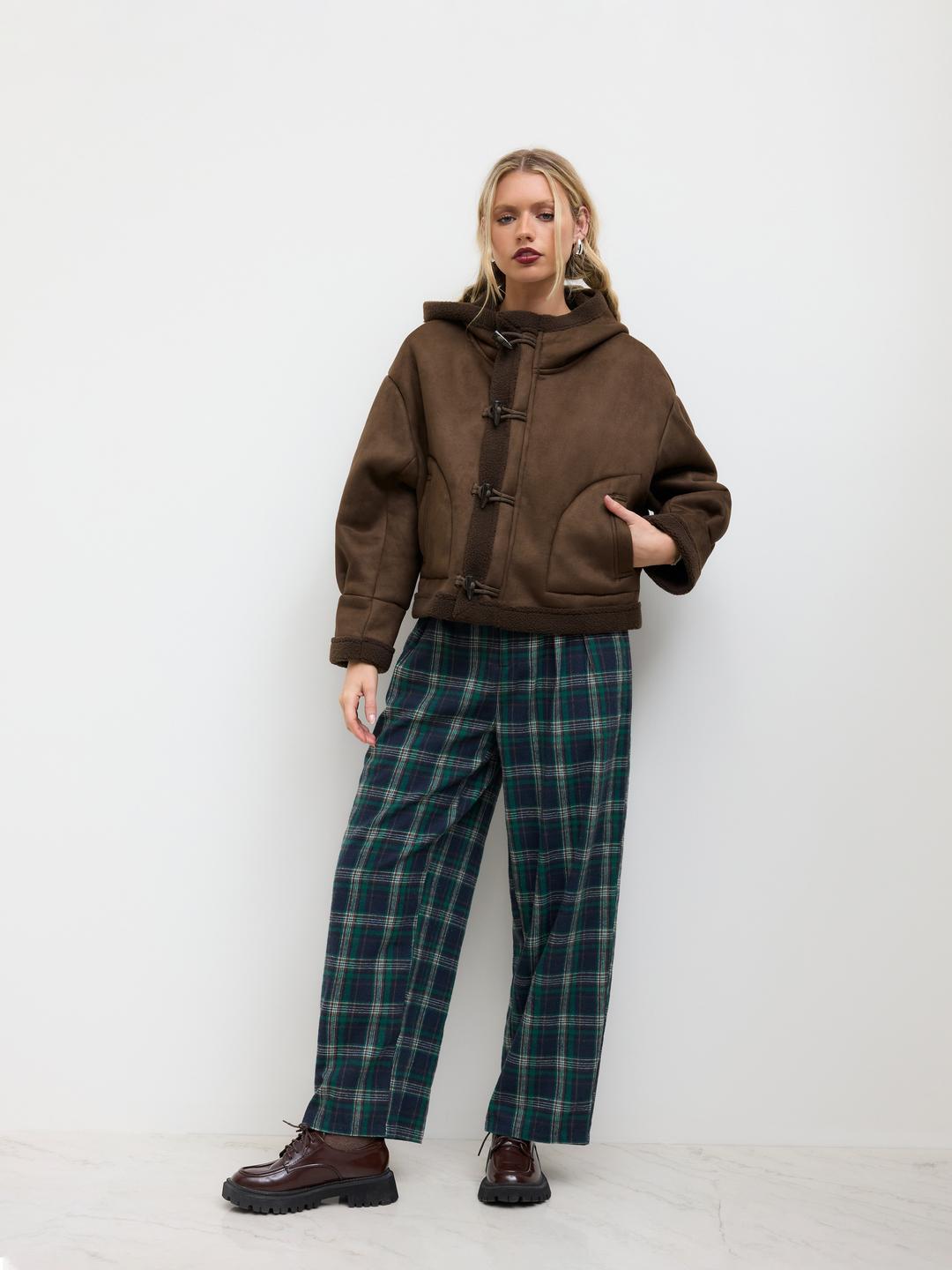 Faux Shearling Hooded Pocket Toggle Button Oversized Jacket