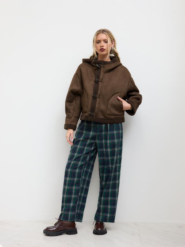 Faux Shearling Hooded Pocket Toggle Button Oversized Jacket