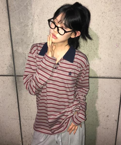 스트라이프 폴로 카라 티셔츠 버건디