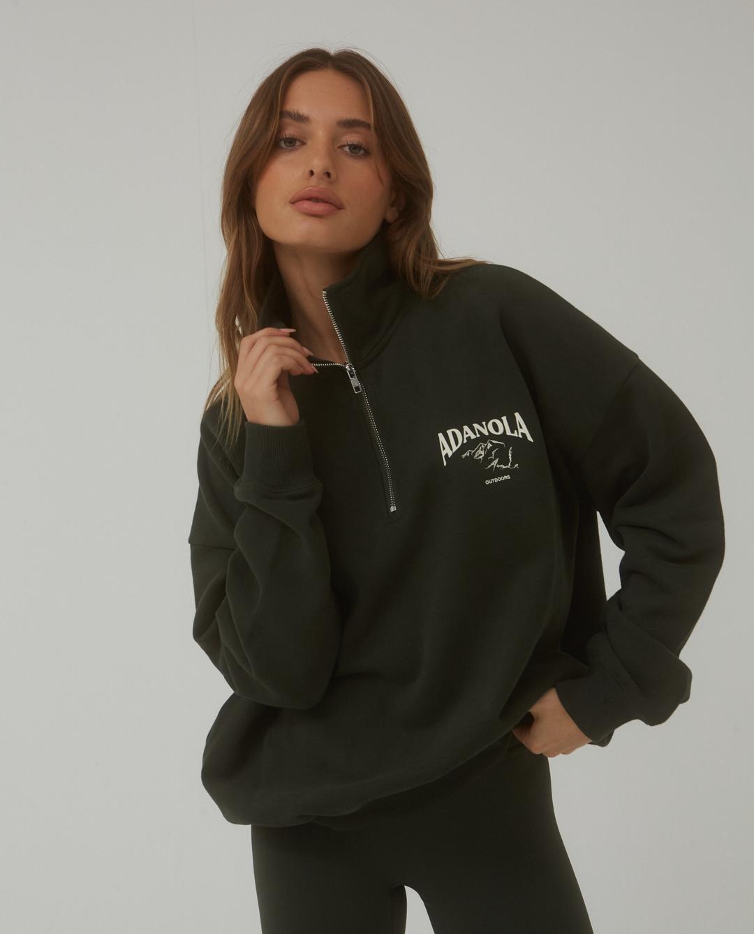 Oversized Funnel Neck Zip Sweatshirt - Dark Olive - XS