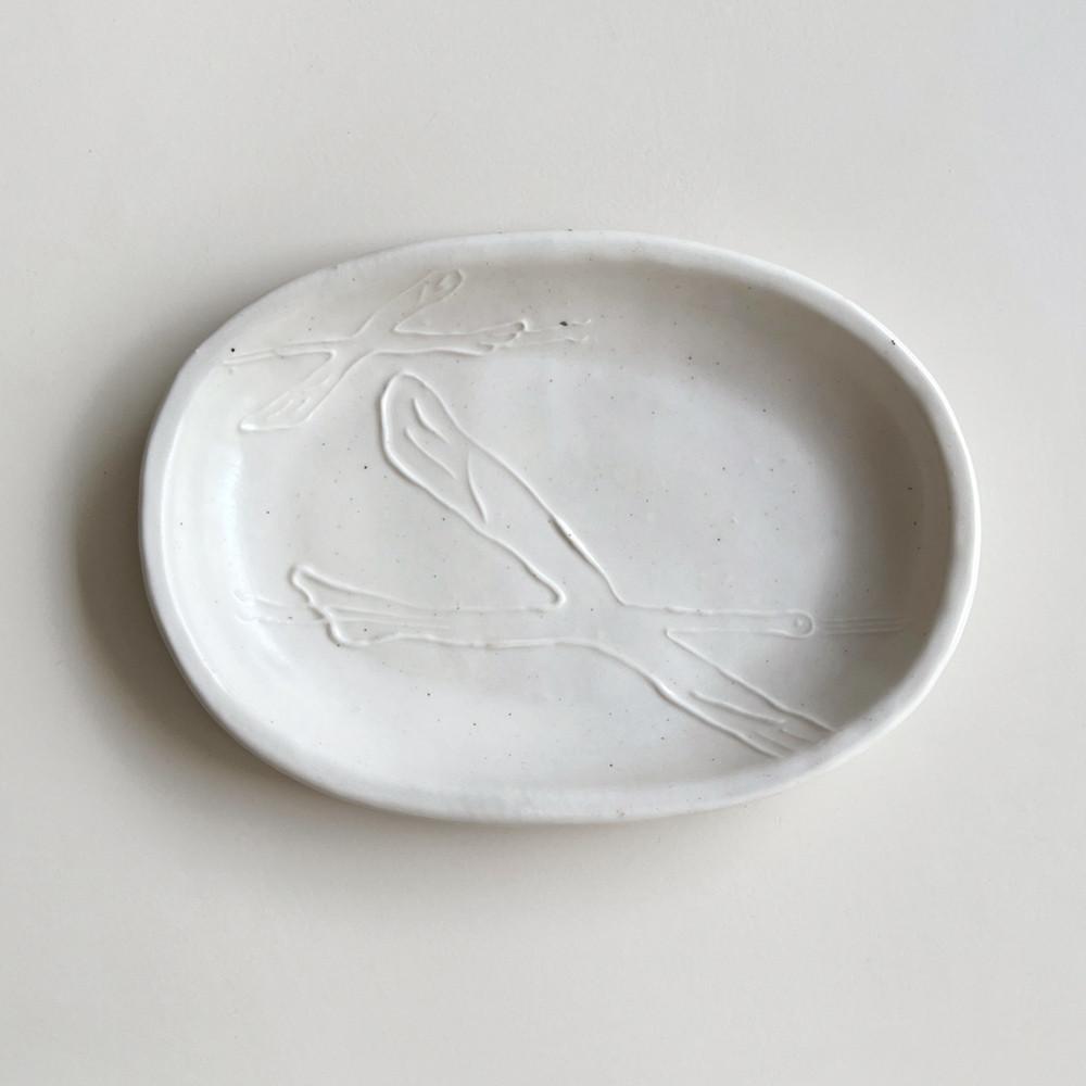 요일 백자 황새 타원 접시