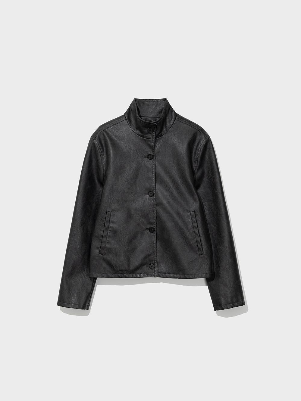 Washed Artificial Leather Short Jacket_Black
