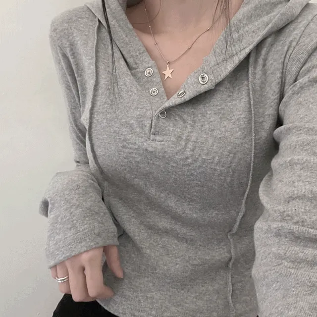 오트버튼절개크롭후드긴팔티(3color)