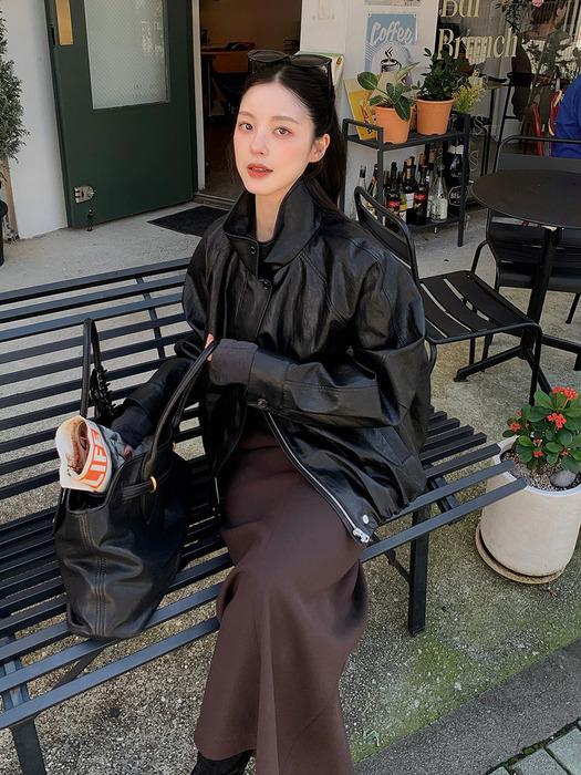 High-neck Leather Jumper[LMBEAUJK105]-Black