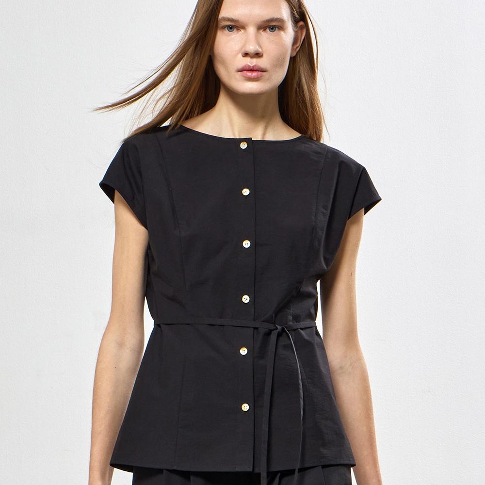 BOAT NECK CAP-SLEEVE BLOUSE - BLACK