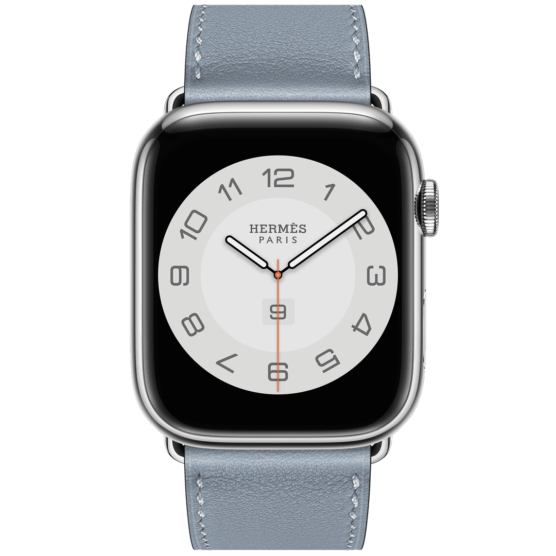 Apple Watch Hermès GPS + Cellular, 45mm 실버 스테인리스 스틸 케이스, 그리고 블루 린 스위프트 가죽 싱글 투어