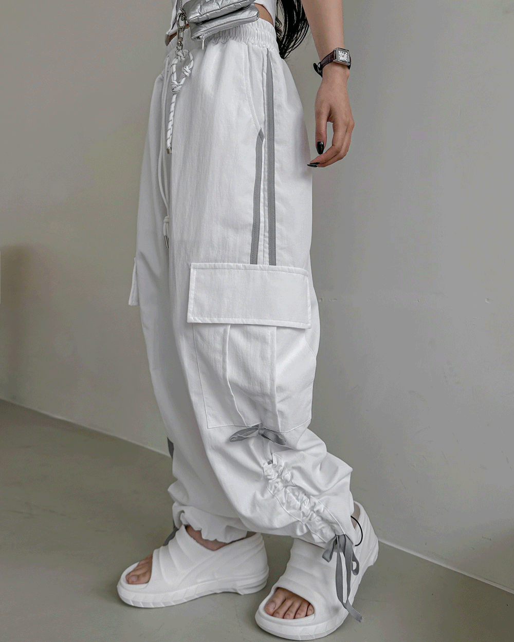지크 리본 나일론 밴딩 와이드 팬츠