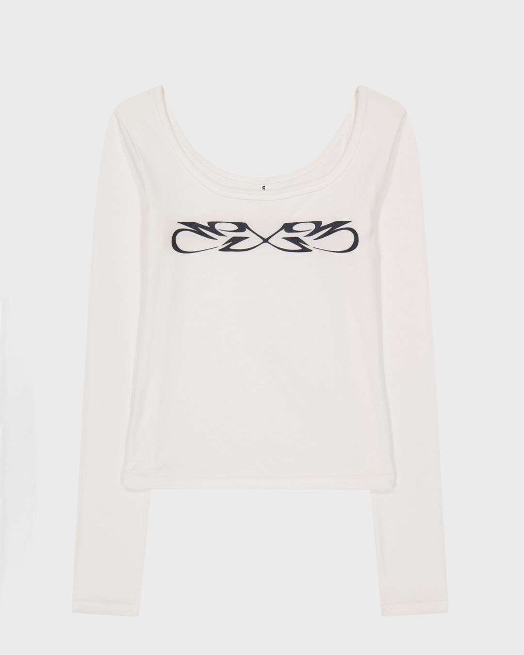 GRAPHIC U-NECK LONG SLEEVE T-SHIRT-WHITE