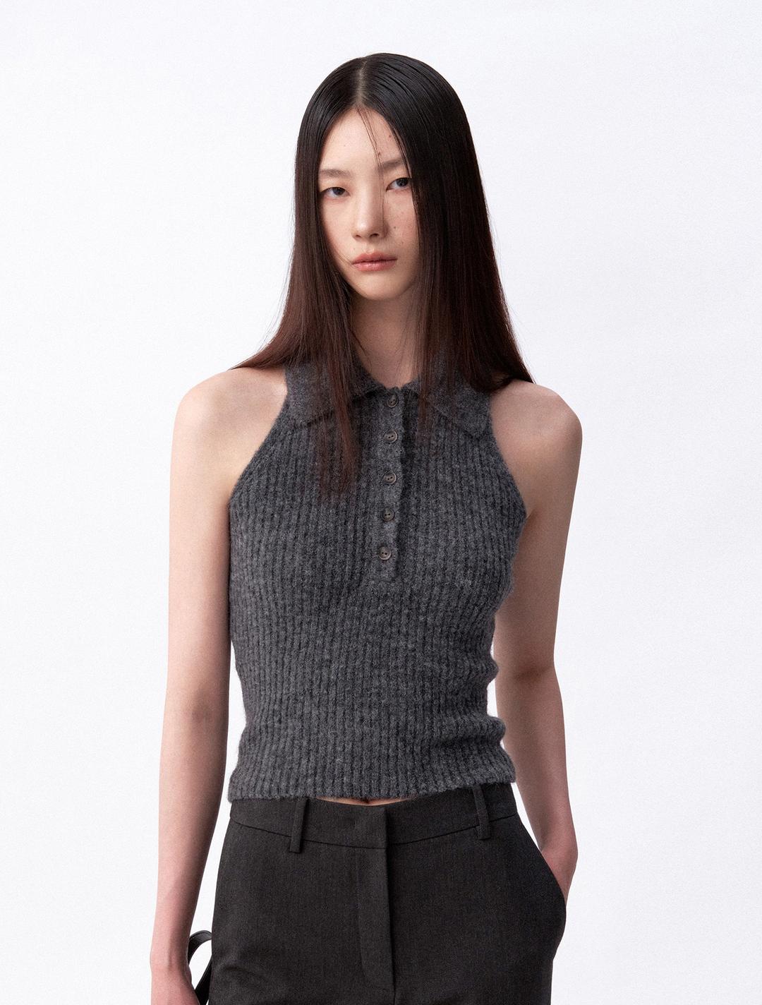 모헤어 립드 홀터 니트 베스트 (차콜)