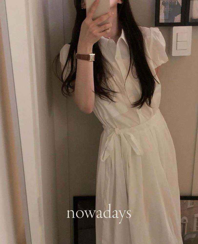 objet 오브제 릴리 레이어드 원피스 반팔 퍼프 카라 셔링 롱 ops (3col) : 나우 어 데이즈