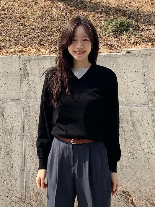 Wholegarment Cotton V-Neck Knit(Black)