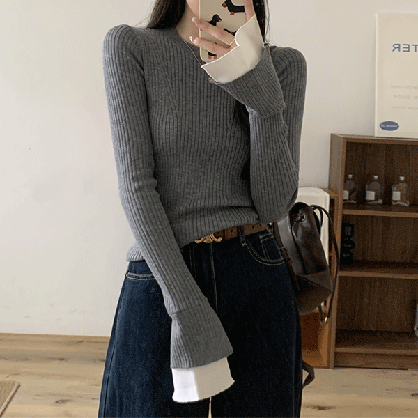 [데일리/이너템] 허슨 레이어드 소매 골지 슬림핏 니트 - kn29755