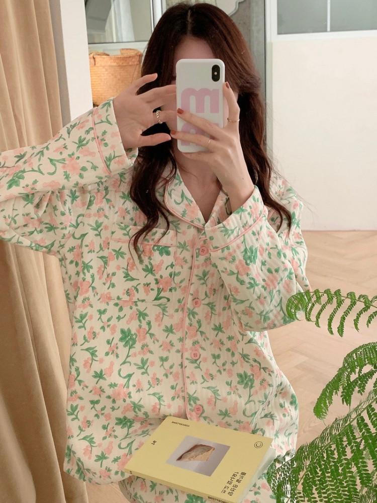 (2color)윈터 로망스 플라워 누빔 잠옷 세트 겨울 긴팔 파자마 따뜻