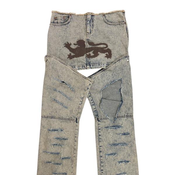 DETACHABLE DISTRESSED DENIM SKIRT PANTS