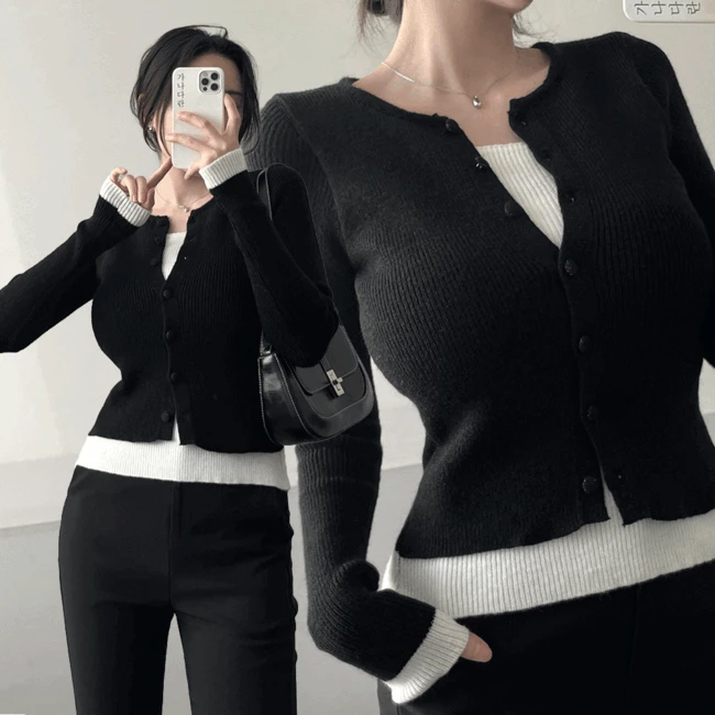 [모델PICK✨/몸매라인보장✔️] 가나다란 포카린 라운드넥 투톤 배색 레이어드 콩단추 긴팔 니트 가디건 5color