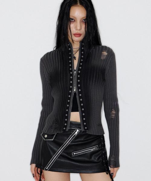 Cross Damaged Knit Zip Up (CHACOAL)