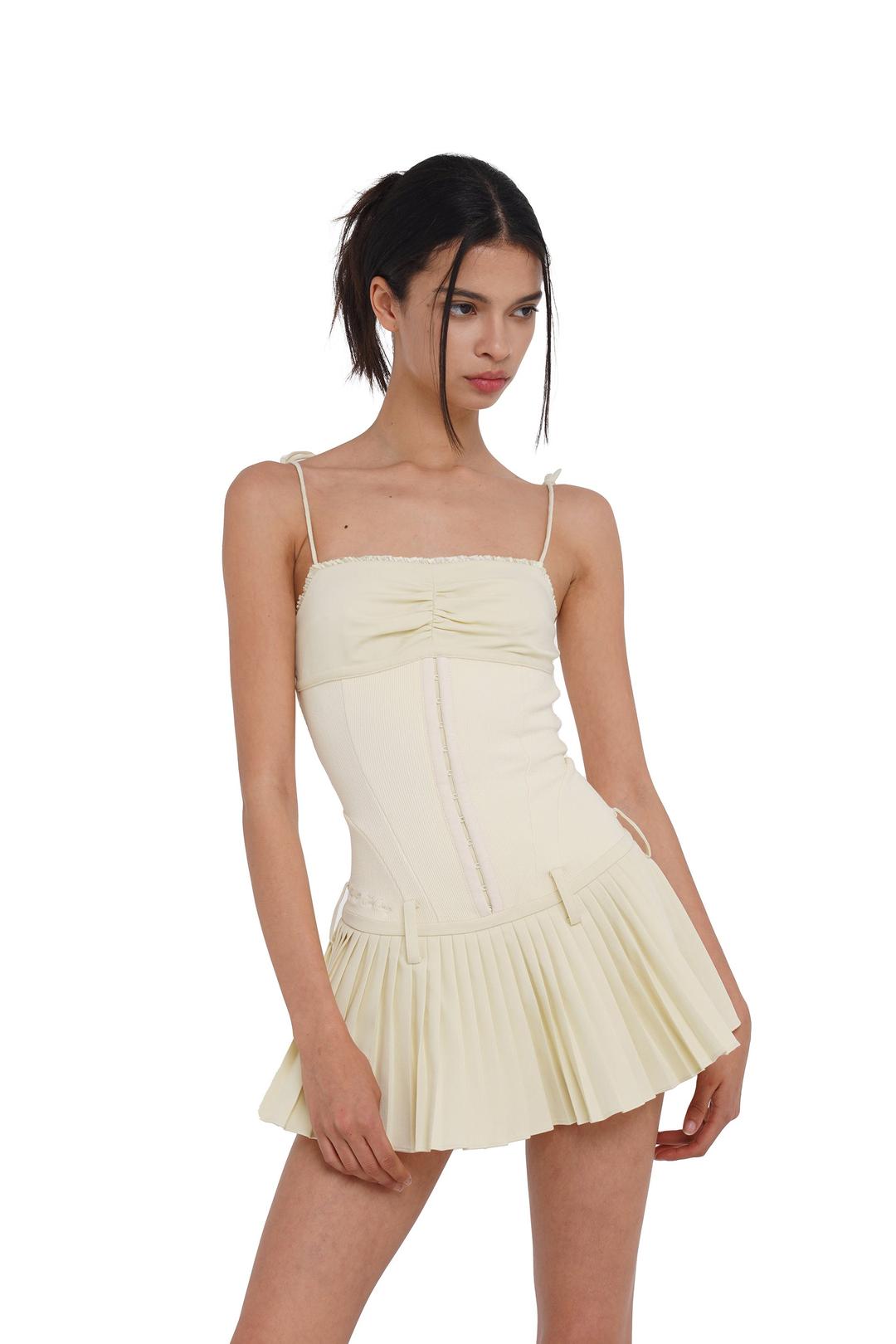 DROP-WAIST PLEATED MINI DRESS - S / CREAM