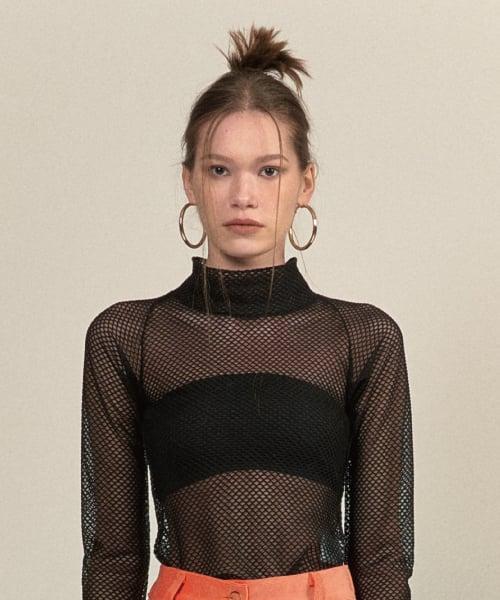 메쉬 망사 모크넥 티셔츠 블랙