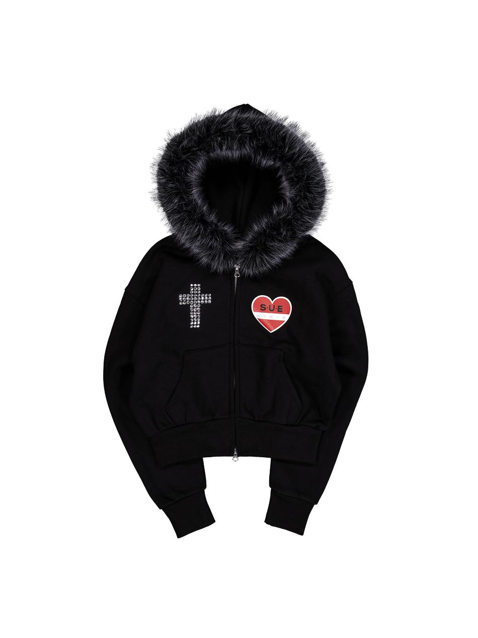 FUR TRIMMING HOODED ZIP-UP / BLACK