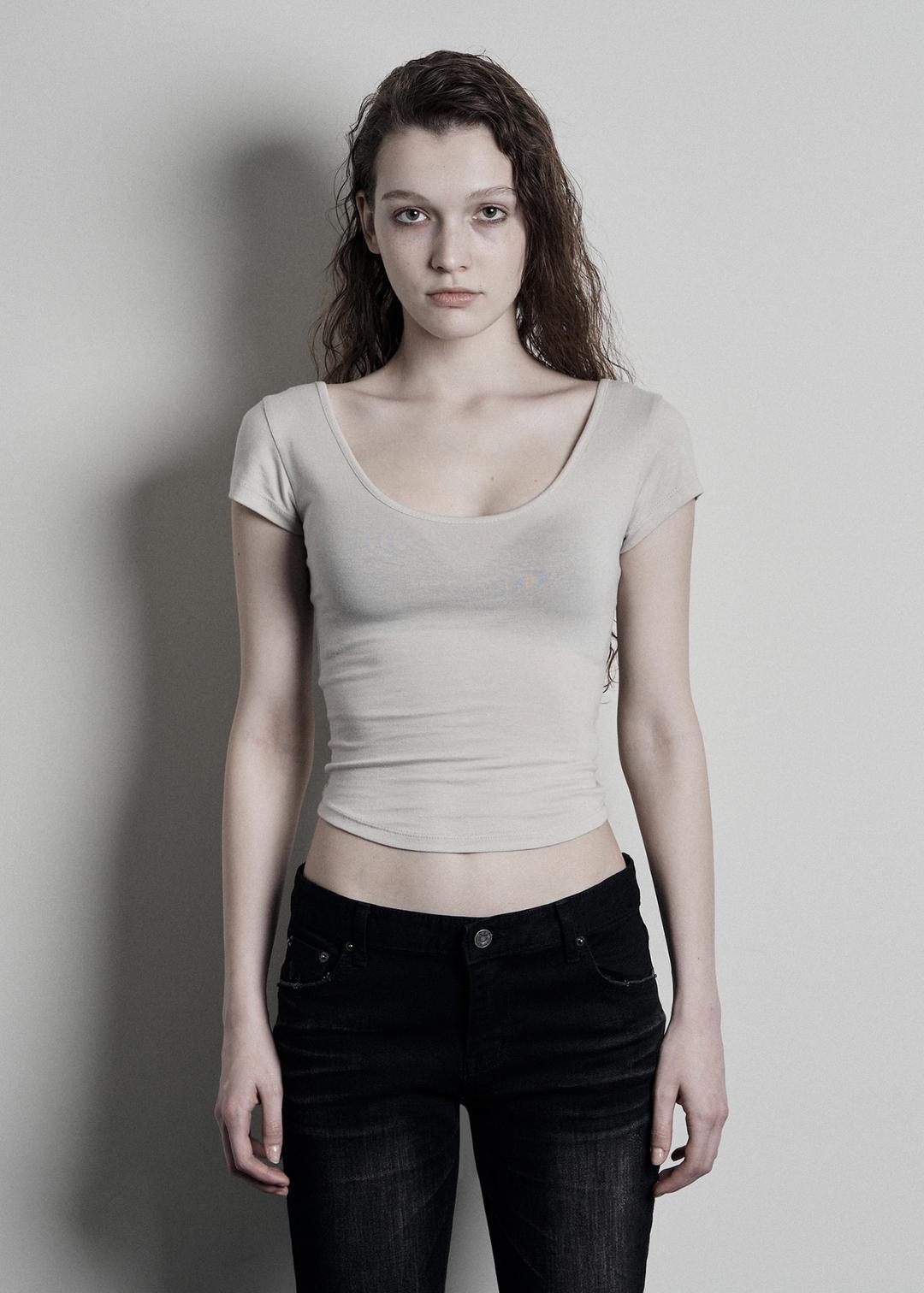SOFT U-NECK HALF SLEEVE, BEIGE