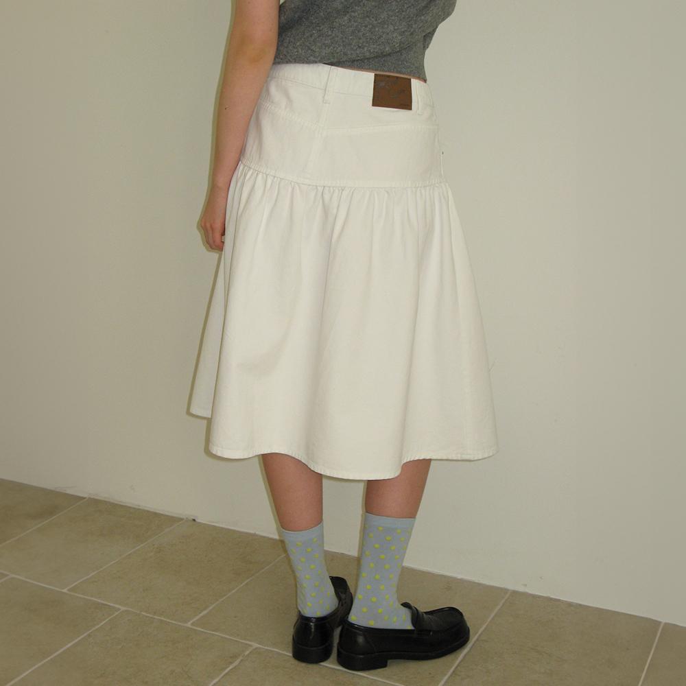 FRILL FLARE MID DENIM SKIRT WHITE