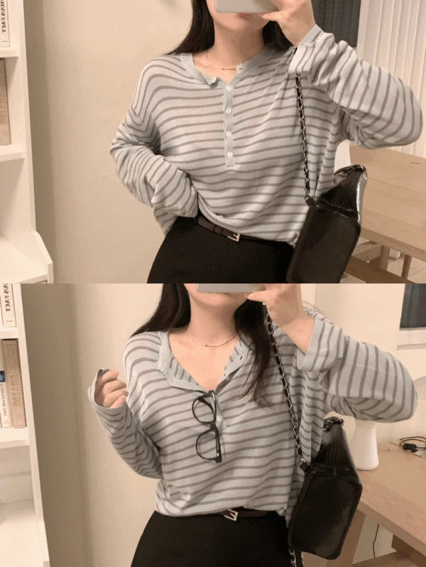 (소라 오늘출발) 유애리 스트라이프 버튼 니트