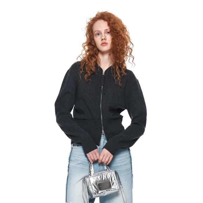 RIBBED KNIT HOODY ZIP UP FOR WOMEN IN CHARCOAL