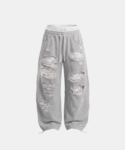 레이스 레이어드 디스트레스드 조거 - 그레이