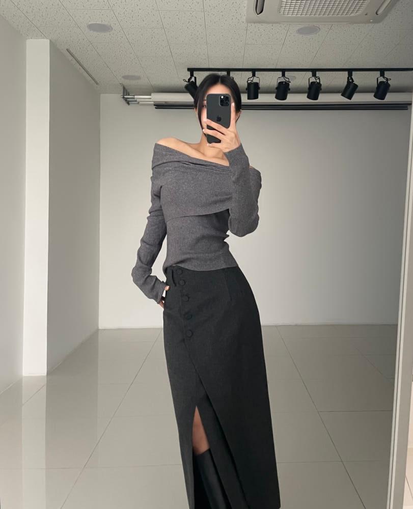 울 블렌드 h라인 버튼 롱 스커트 (차콜)