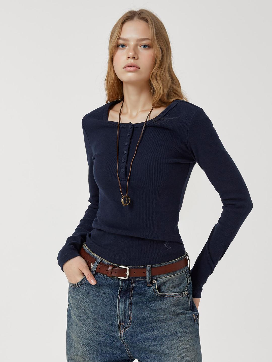 Henry Neck Long Sleeve T-shirt(F)