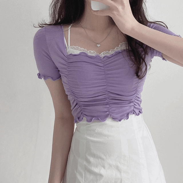 (4col) 스퀘어넥 프릴 셔링 크롭 반팔 티셔츠
