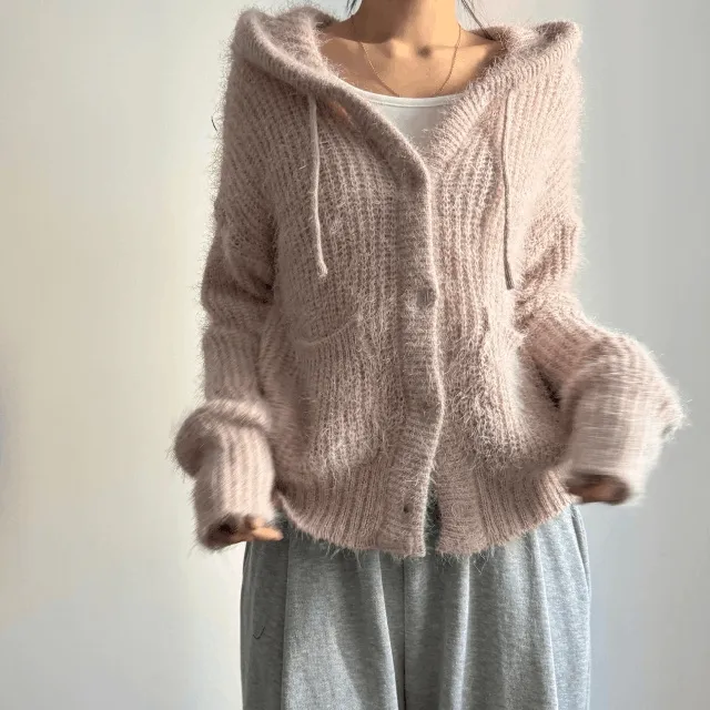 [털빠짐제로!/여리여리~] 후드 솔잎 루즈핏 포켓 니트 가디건