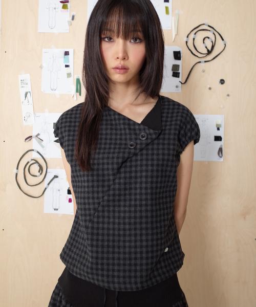 TULIP COLLAR PUFF BLOUSE (CHECK BLACK)