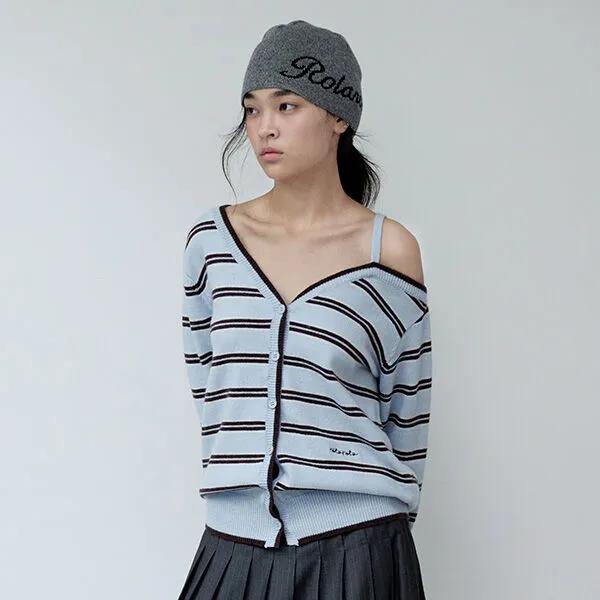 ONE OFF SHOULDER STRIPE WOOL BLENDED CARDIGAN BLUE