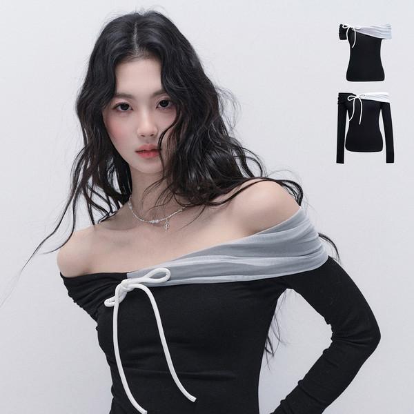 Mesh Layered Off-shoulder Top ( Long & Short Sleeve ver. )